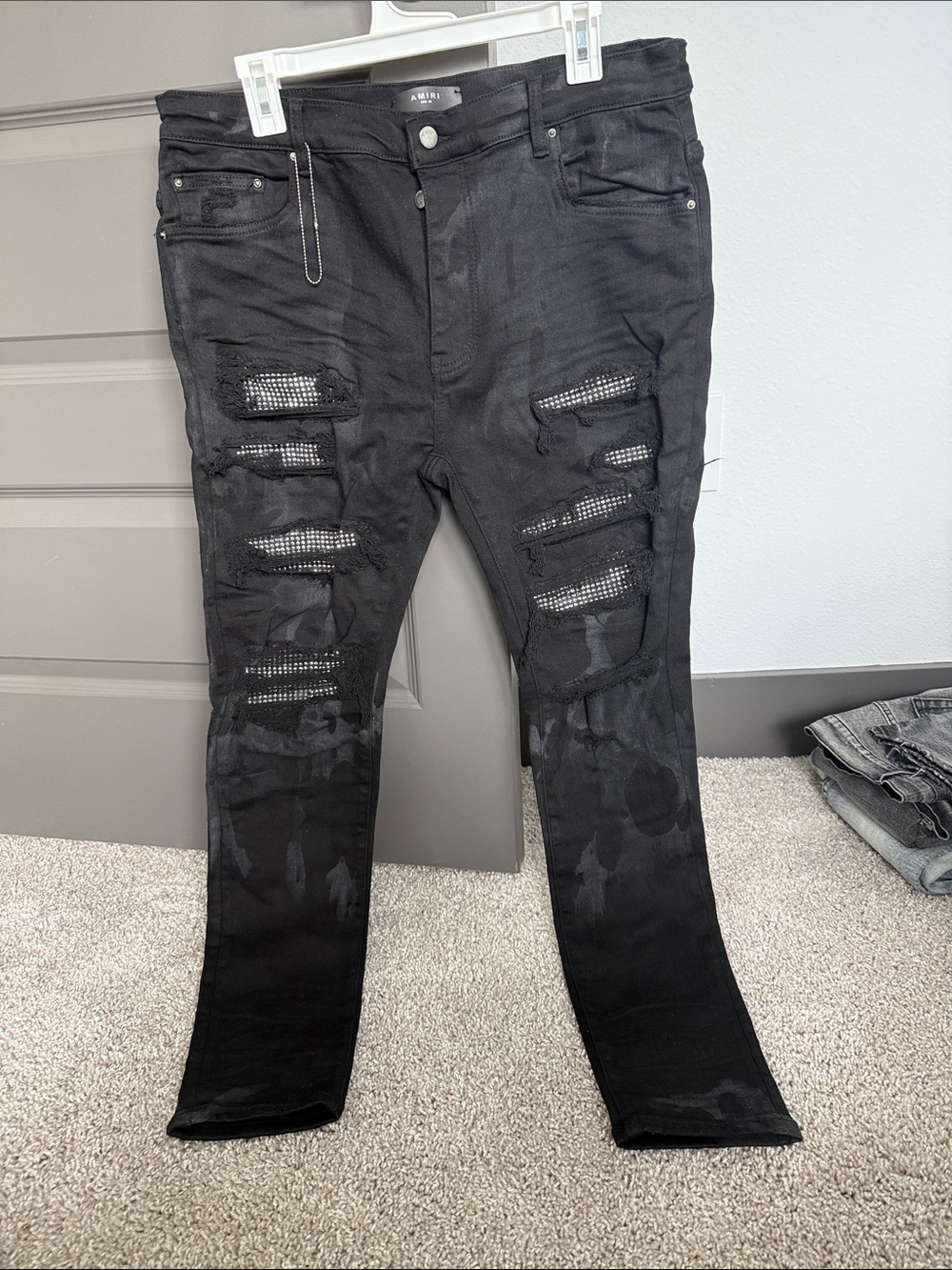 AMIRI Black Distressed Rhinestone Skinny Jeans